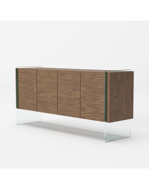 Buffet 4 portes et côtés en verre noyer/transparent - 170x43x77 cm