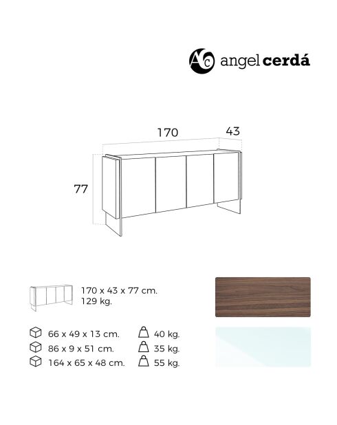 Buffet 4 portes et côtés en verre noyer/transparent - 170x43x77 cm