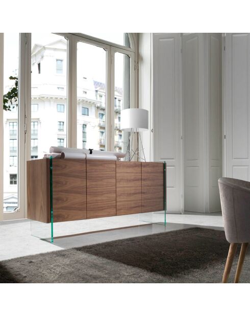 Buffet 4 portes et côtés en verre noyer/transparent - 170x43x77 cm