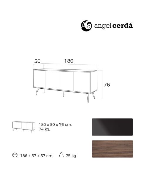 Buffet 4 portes en verre noyer/noir - 180x50x76 cm
