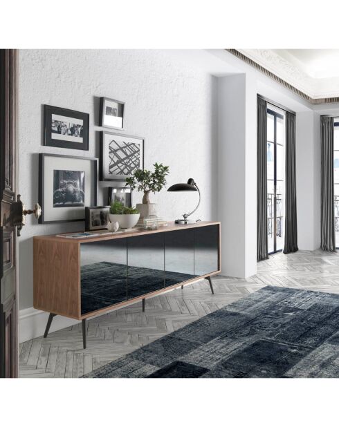 Buffet 4 portes en verre noyer/noir - 180x50x76 cm