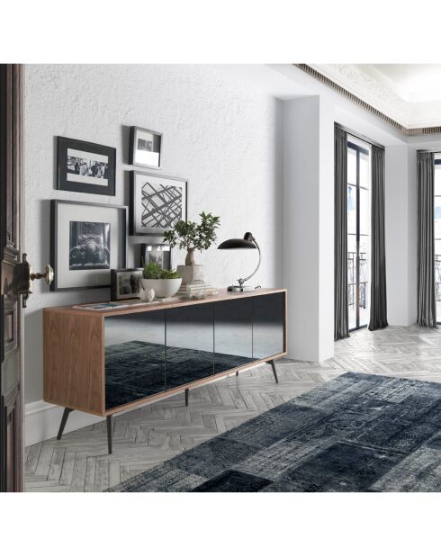 Buffet 4 portes en verre noyer/noir - 180x50x76 cm