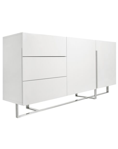 Buffet laqué 3 tiroirs et 2 portes blanc/argenté - 180x42x85 cm