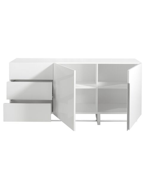 Buffet laqué 3 tiroirs et 2 portes blanc/argenté - 180x42x85 cm