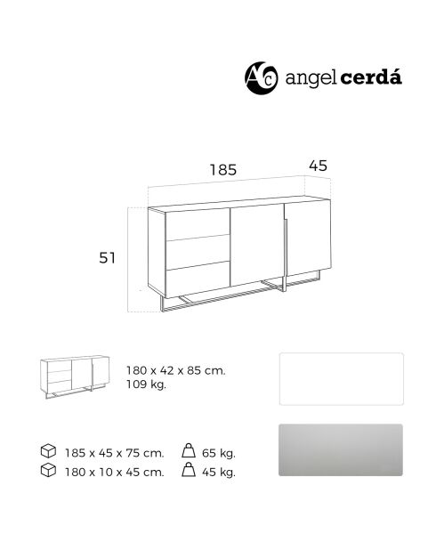 Buffet laqué 3 tiroirs et 2 portes blanc/argenté - 180x42x85 cm