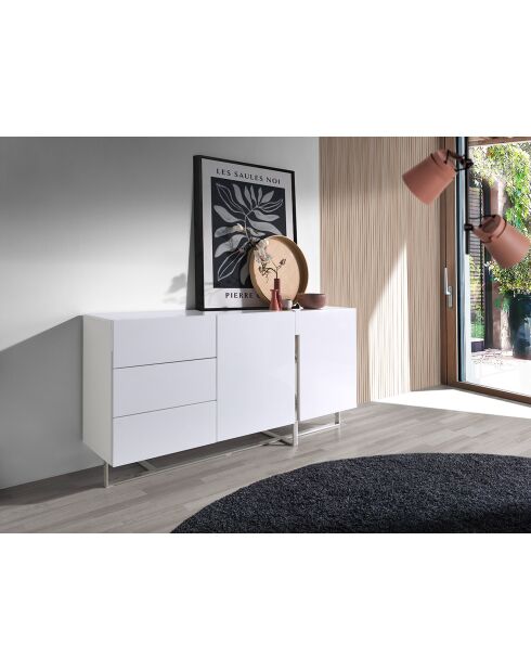 Buffet laqué 3 tiroirs et 2 portes blanc/argenté - 180x42x85 cm