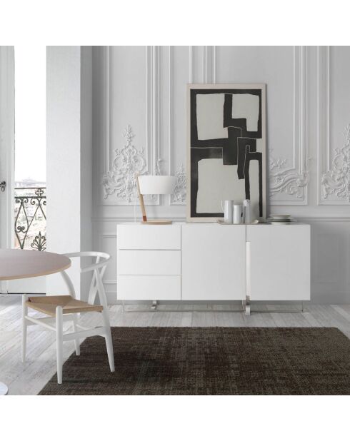 Buffet laqué 3 tiroirs et 2 portes blanc/argenté - 180x42x85 cm