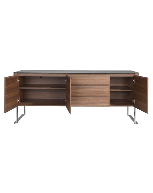 Buffet avec plateau en verre 3 tiroirs noyer/noir - 200x50x81 cm