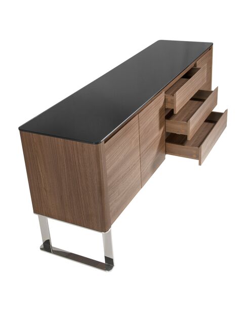Buffet avec plateau en verre 3 tiroirs noyer/noir - 200x50x81 cm