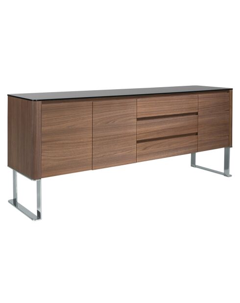 Buffet avec plateau en verre 3 tiroirs noyer/noir - 200x50x81 cm