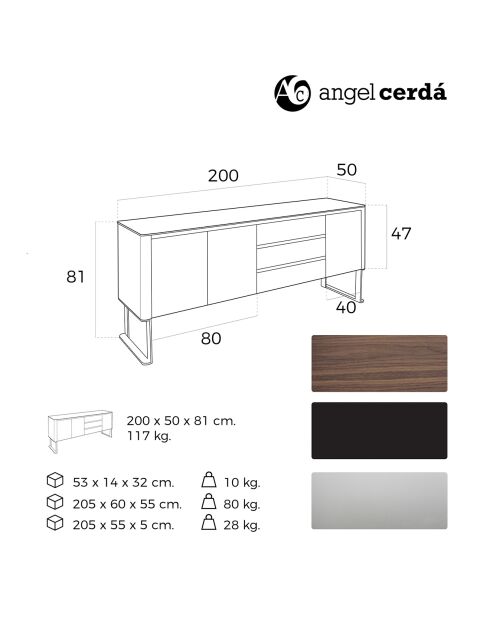 Buffet avec plateau en verre 3 tiroirs noyer/noir - 200x50x81 cm