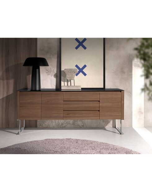 Buffet avec plateau en verre 3 tiroirs noyer/noir - 200x50x81 cm