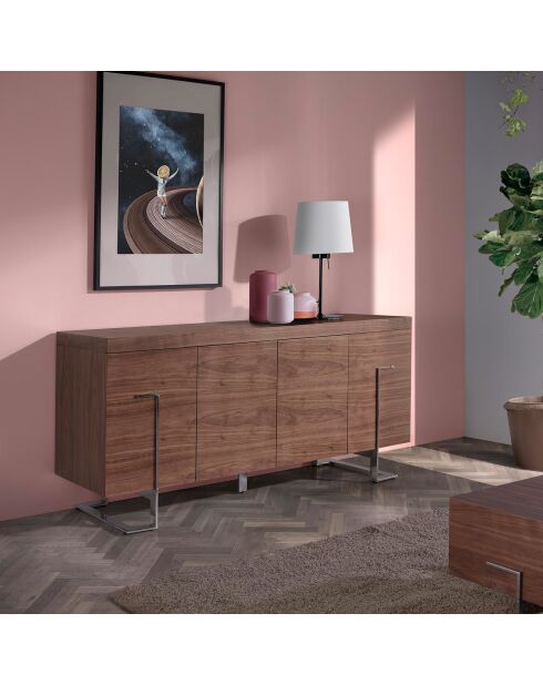 Buffet 4 portes noyer/acier chromé - 180x51x81 cm