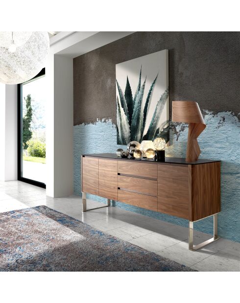 Dressoir met glazen blad 3 laden walnoot/zwart - 200x50x81 cm