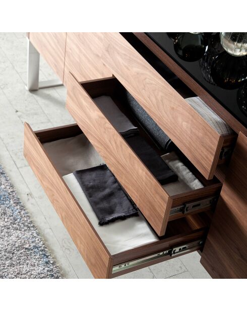 Buffet avec plateau en verre 3 tiroirs noyer/noir - 200x50x81 cm