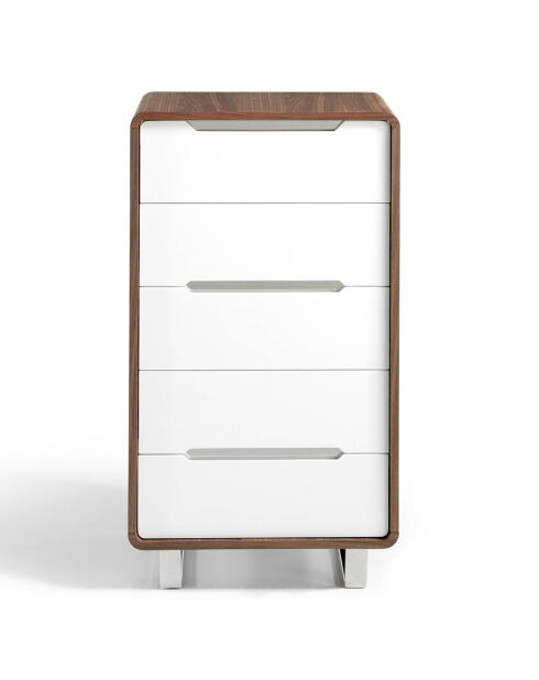 Chiffonier 5 laden gelakt walnoot/wit/verchroomd staal - 106x70x49 cm