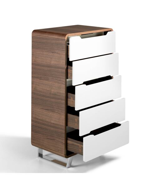 Chiffonier 5 laden gelakt walnoot/wit/verchroomd staal - 106x70x49 cm