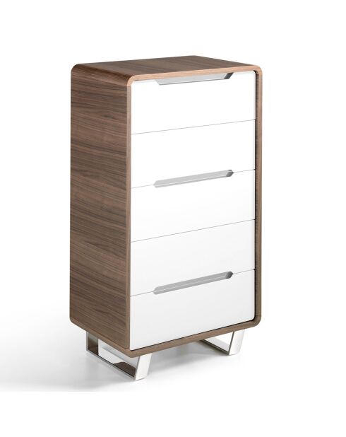 Chiffonier 5 laden gelakt walnoot/wit/verchroomd staal - 106x70x49 cm