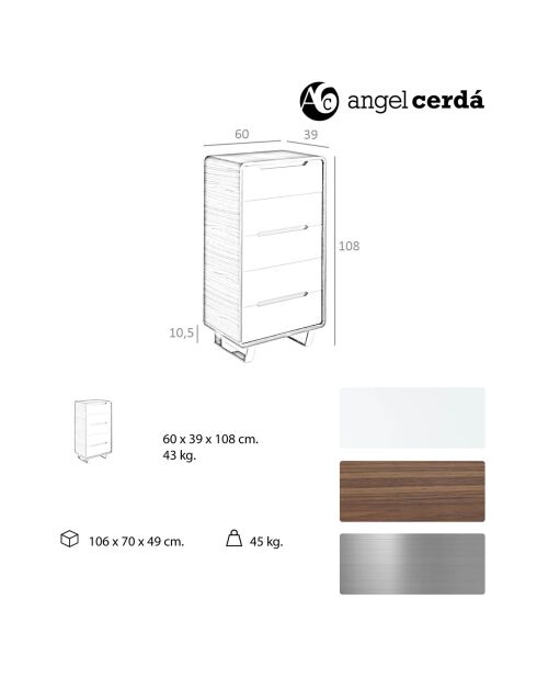 Chiffonier 5 laden gelakt walnoot/wit/verchroomd staal - 106x70x49 cm
