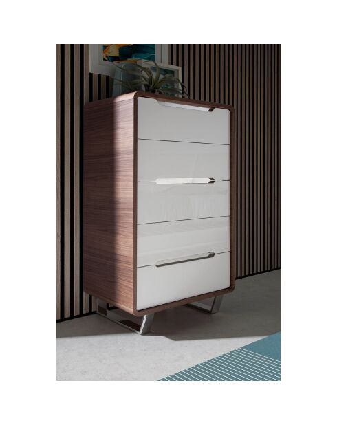 Chiffonier 5 Schubladen, lackierter Nussbaumholz/weiß/verchromter Stahl - 106x70x49 cm