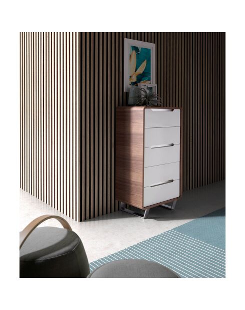Chiffonier 5 laden gelakt walnoot/wit/verchroomd staal - 106x70x49 cm