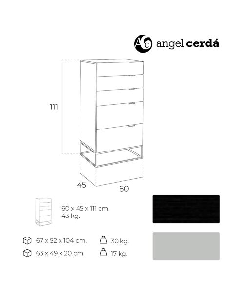 Chiffonnier laqué 5 tiroirs gris perle/noir - 60x45x111 cm