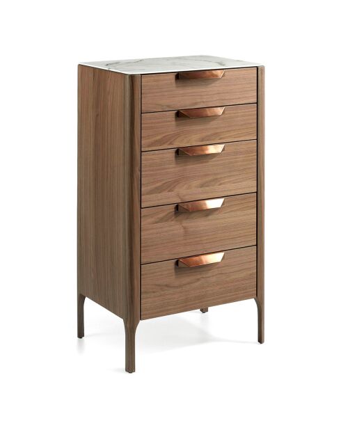 Chiffonnier avec plateau effet marbre noyer/blanc/gris/cuivre - 60x45x107 cm