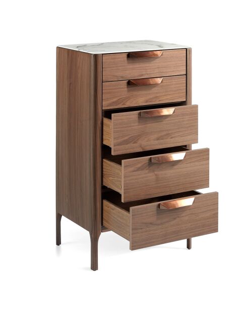 Chiffonnier avec plateau effet marbre noyer/blanc/gris/cuivre - 60x45x107 cm