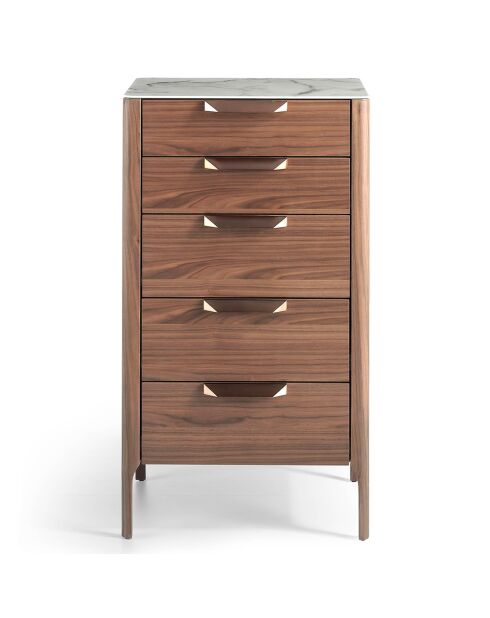 Chiffonnier avec plateau effet marbre noyer/blanc/gris/cuivre - 60x45x107 cm