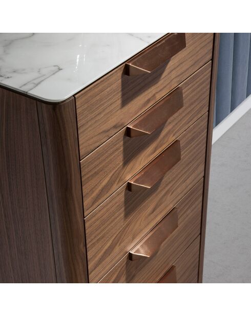 Chiffonnier avec plateau effet marbre noyer/blanc/gris/cuivre - 60x45x107 cm