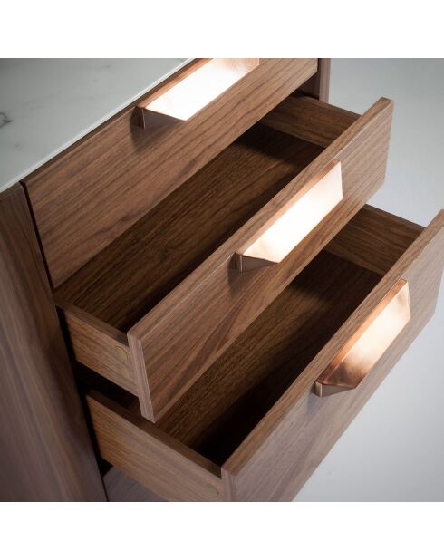 Chiffonnier avec plateau effet marbre noyer/blanc/gris/cuivre - 60x45x107 cm