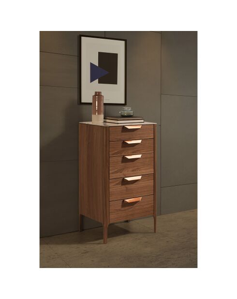 Chiffonnier avec plateau effet marbre noyer/blanc/gris/cuivre - 60x45x107 cm