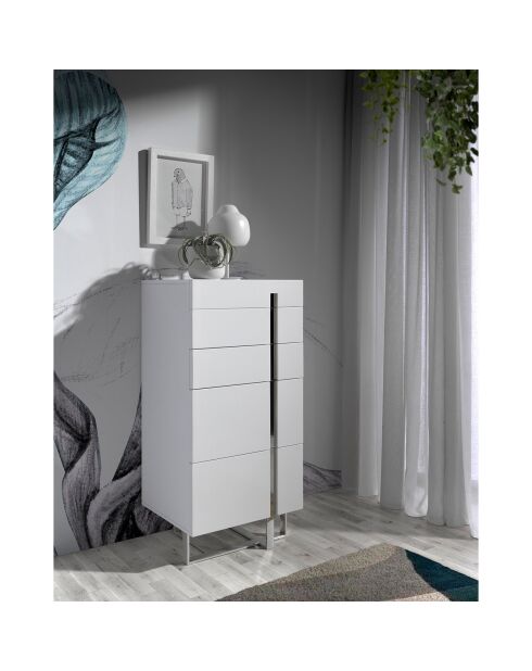 Chiffonnier laqué 5 tiroirs blanc/argenté - 60x45x120 cm