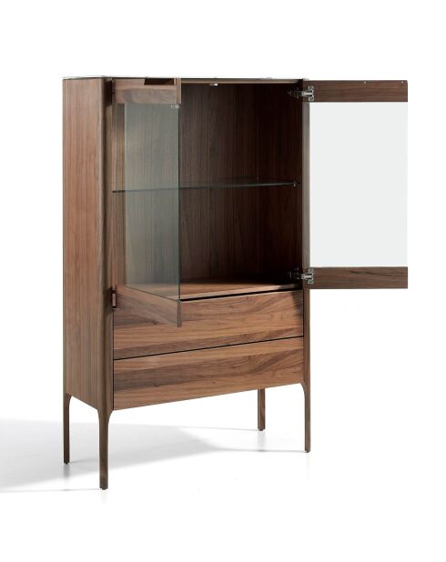 Vitrine avec plateau effet marbre noir/noyer - 99x40x161 cm