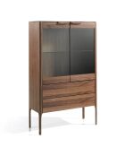 Vitrine avec plateau effet marbre noir/noyer - 99x40x161 cm
