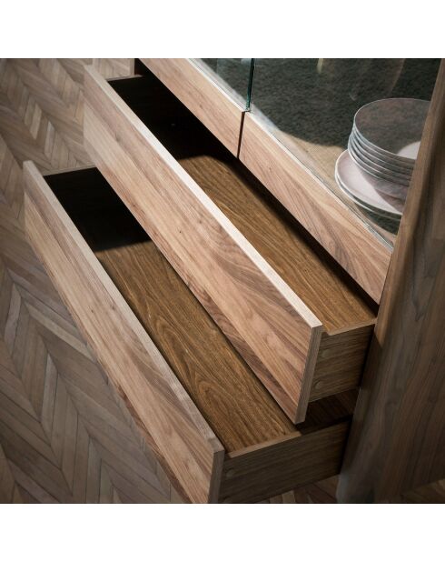 Vitrine avec plateau effet marbre noir/noyer - 99x40x161 cm