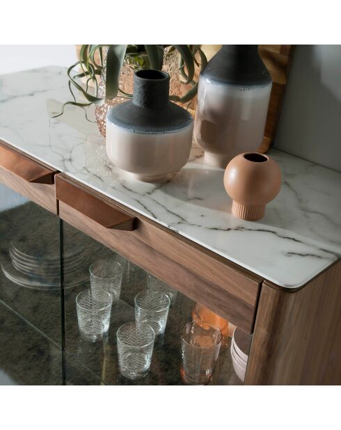 Vitrine avec plateau effet marbre noir/noyer - 99x40x161 cm