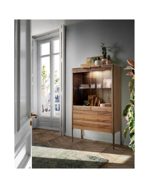 Vitrine avec plateau effet marbre noir/noyer - 99x40x161 cm
