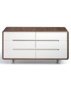 Commode 6 tiroirs laqué noyer/blanc/acier chromé - 150x70x49 cm