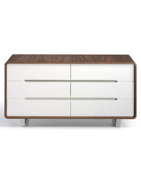 Commode 6 tiroirs laqué noyer/blanc/acier chromé - 150x70x49 cm