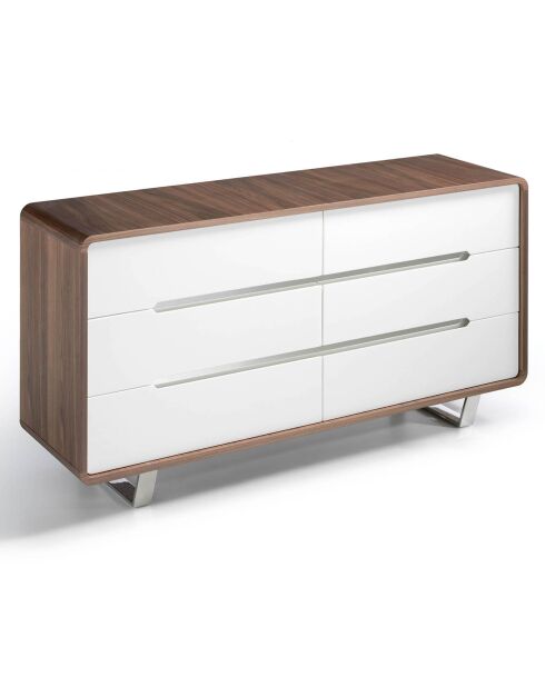 Commode 6 tiroirs laqué noyer/blanc/acier chromé - 150x70x49 cm