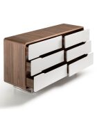 Commode 6 tiroirs laqué noyer/blanc/acier chromé - 150x70x49 cm