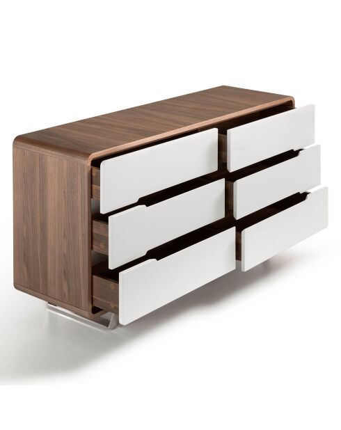 Commode 6 tiroirs laqué noyer/blanc/acier chromé - 150x70x49 cm