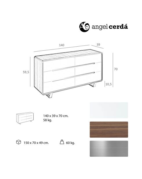 Commode 6 tiroirs laqué noyer/blanc/acier chromé - 150x70x49 cm