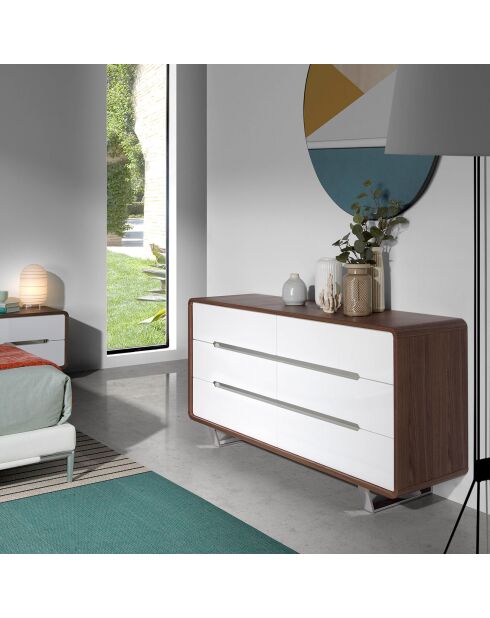 Commode 6 tiroirs laqué noyer/blanc/acier chromé - 150x70x49 cm