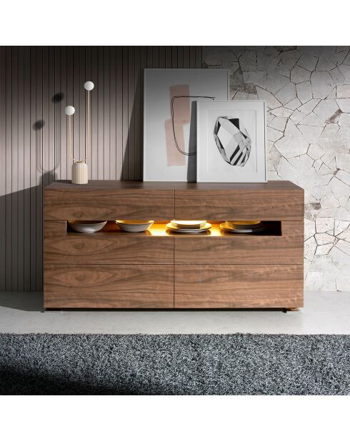 Commode 6 tiroirs avec éclairage led intérieur noyer - 140x43x71 cm