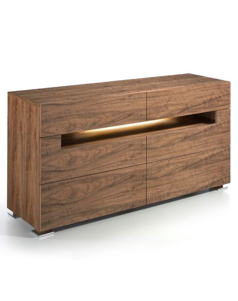 Commode 6 tiroirs avec éclairage led intérieur noyer - 140x43x71 cm