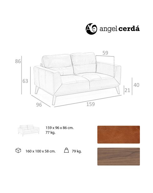 2-Sitzer-Sofa aus Leder in Cognac/Nussbaum - 159x96x86 cm