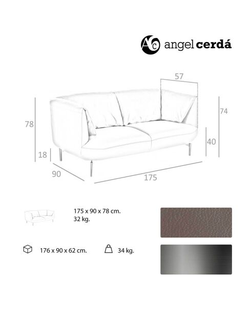 Canapé 2 places en cuir gris/argenté - 175x90x78 cm