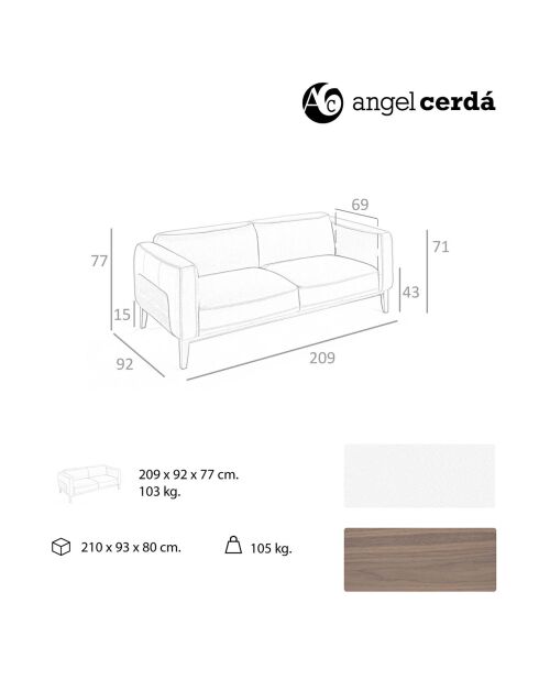 3-Sitzer-Sofa aus weißem Nussbaumleder - 209x92x77 cm